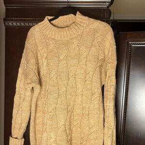 Lands' End Tan Cowl Neck Cable Knit Sweater Academia Fishetman Coast Grandpa